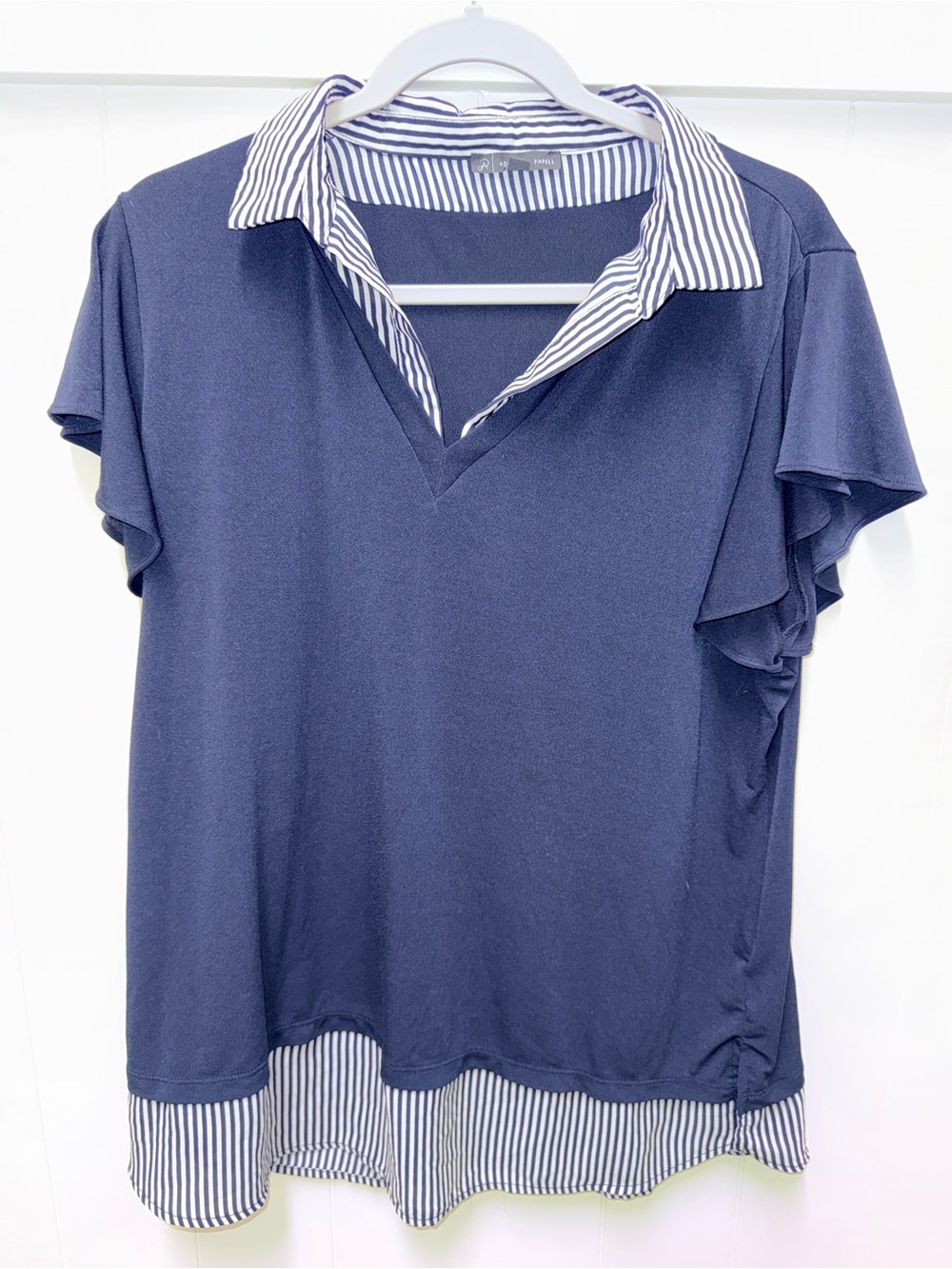 Adrianna Papell XL Navy Blue Striped Collar Flutter Sleeve Blouse